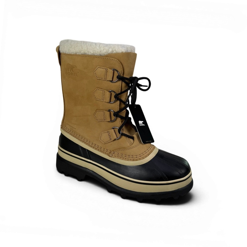 Sorel Caribou Winter Snow Boots Women 8.5 Buff Nubuck Leather WP Black Rubber